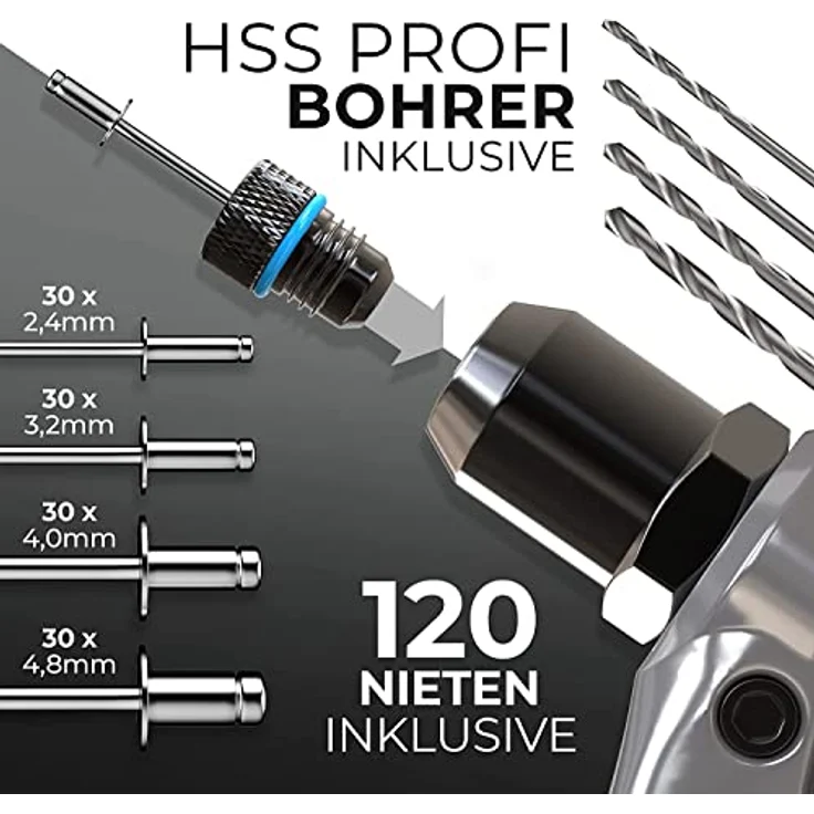 KLRS KLRStec® Professional Nietenzangen Set inkl. 120 Nieten und 4 HSS Bohrern – Hochwertige Popnietenzange in Schwarz – Bild 3