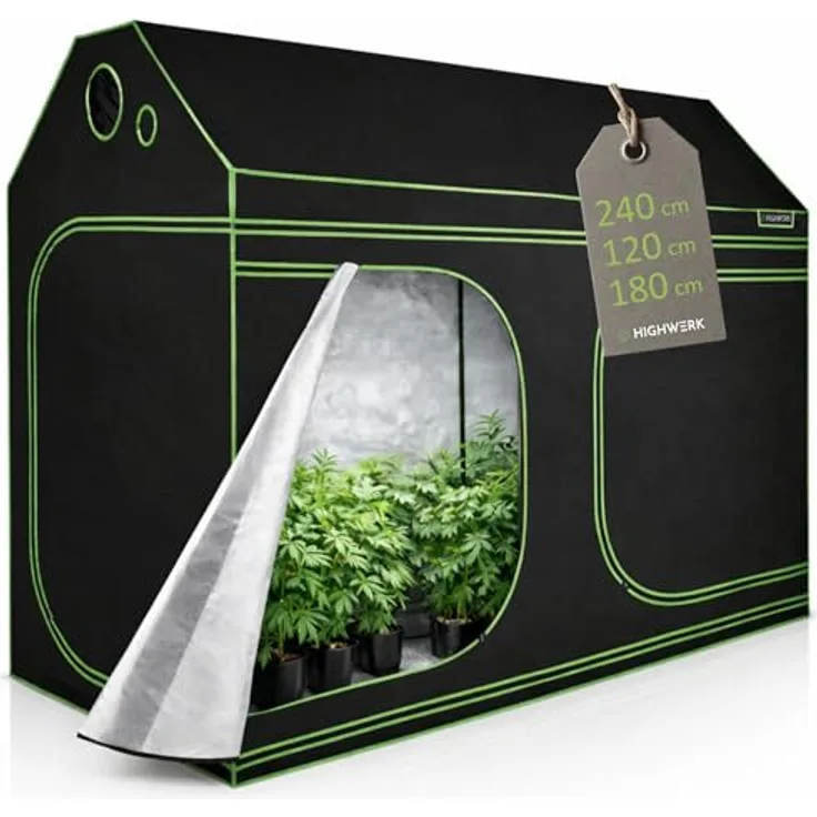 HIGHWERK MyHomeGrow Growzelt 240 x 120 x 180 cm, lichtdicht schwarz-grün, für Dachschräge, mit wasserdichtem Bodeneinsatz und 95% Lichtreflektion