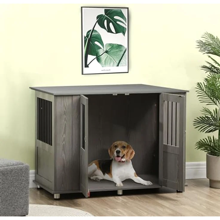 PawHut Hundekäfig für Zuhause, Haustierkäfig, Hundehütte Indoor mit Schloss, Magnettür, Hundehaus mit Fenster, Hundebox für extra große Hunde, Grau, 116 x 60 x 87 cm – Bild 2