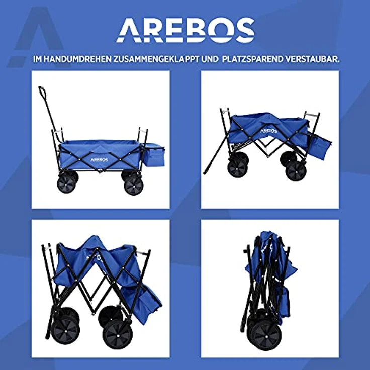 Arebos Bollerwagen faltbar mit Dach, Transportwagen bis 70 kg Tragkraft, inkl. 2 Netztaschen, 360° Vollgummireifen, Blau – Bild 5