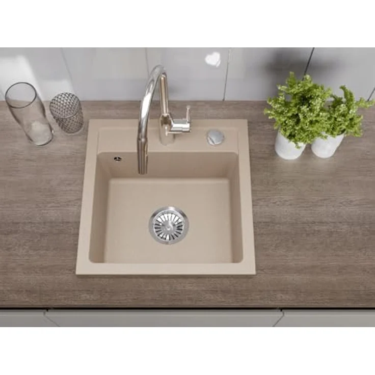 QLS Spülbecken Bella 44 x 44 cm, Granit mit automatischem Siphon, hitzebeständig und pflegeleicht, beige – Bild 4