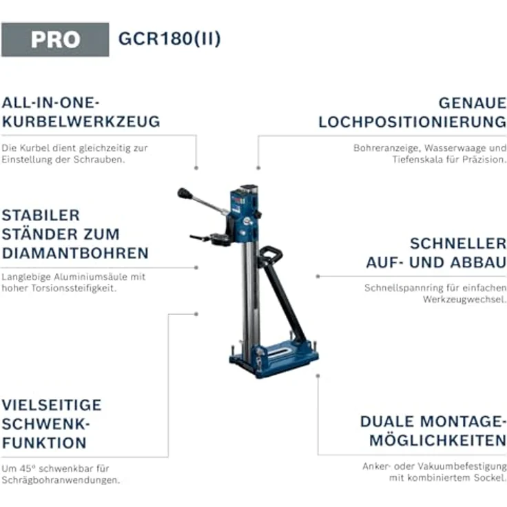 Bosch Professional GCR 180, Diamantbohrständer mit Aluminium-Säule, 45° Drehgelenk und 60-mm Schnellspannfutter – Bild 2