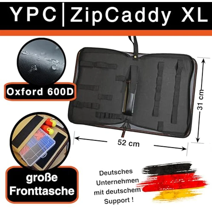 YPC ZipCaddy XL, Werkzeugmappe 31x23x5cm, wasserfestes Oxford 600D Material, 34 Halteschlaufen, große Außentasche, in Khaki, Grau oder Blau – Bild 2