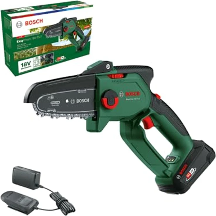 Bosch Akku - Mini Kettensäge EasyChain 18V-15-7 (Zum Schneiden von Holz; 18 Volt System; Kettengeschwindigkeit: 6,95 m/s; mit 2,5-Ah-Akku und Ladegerät) – Bild 1