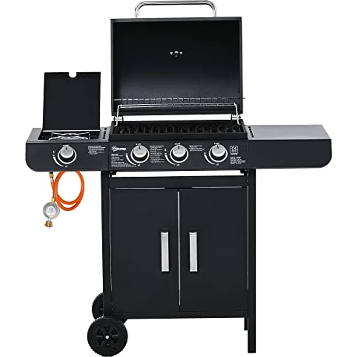 Outsunny Gasgrill BBQ Grillwagen mit 3 Brennern 1 Seitenbrenner Druckminderer Schläuche Schrank Multifunktion Stahl Schwarz 110 x 50 x 100 cm