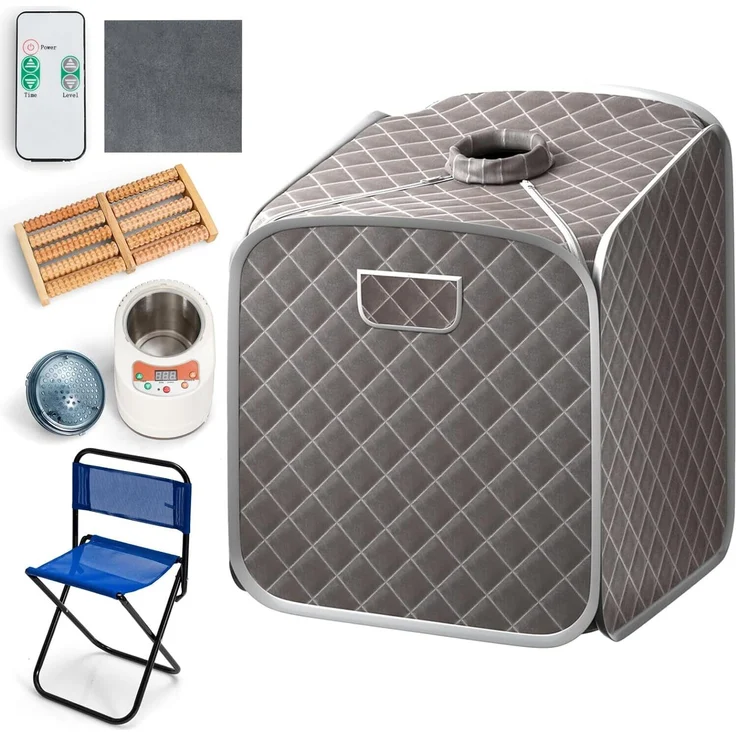 GOPLUS Dampfsauna 2L, private Saunakabine mit Stuhl, Fußmassage-Roller, 9 Temperaturstufen, Grau
