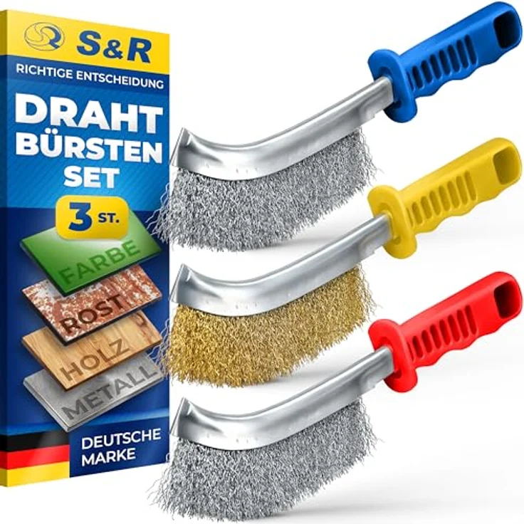 S&R 3-teiliges Hand-Drahtbürsten-Set, Edelstahl-, Messing- und Stahlbürsten für Metall, Holz und Rostentfernung – Ergonomische Handbürsten für Werkstatt & DIY-Projekte – Bild 1