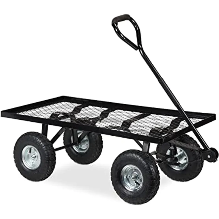 Relaxdays Handwagen flach, Stahl Bollerwagen mit Luftbereifung, bis 200 kg Tragkraft, schwarz, HxBxT: 34,5 x 51 x 96 cm