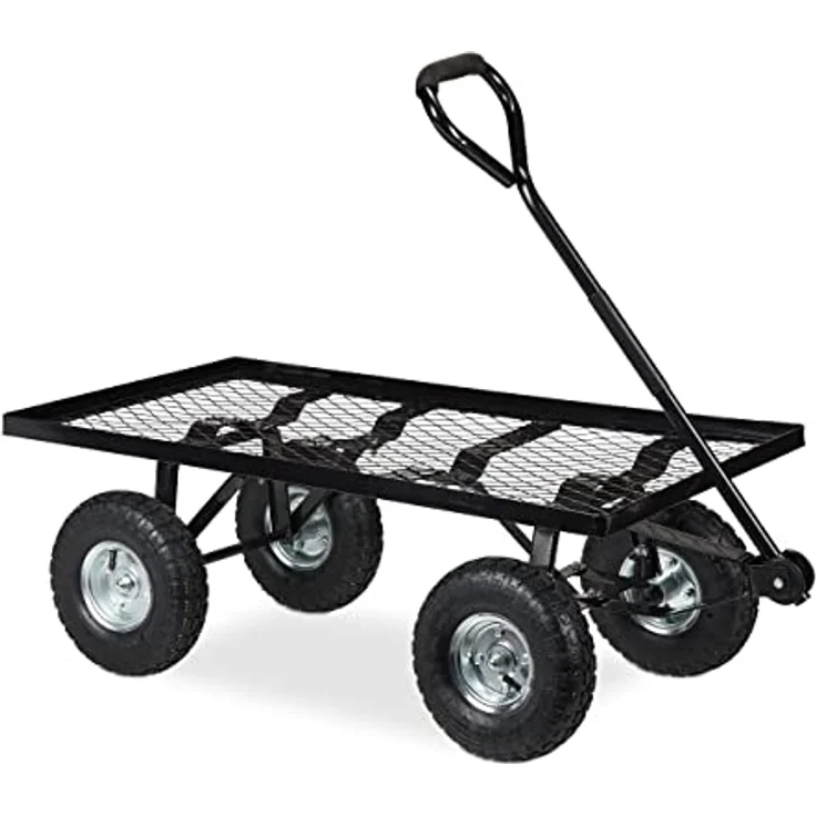 Relaxdays Handwagen flach, Stahl Bollerwagen mit Luftbereifung, bis 200 kg Tragkraft, schwarz, HxBxT: 34,5 x 51 x 96 cm – Bild 1