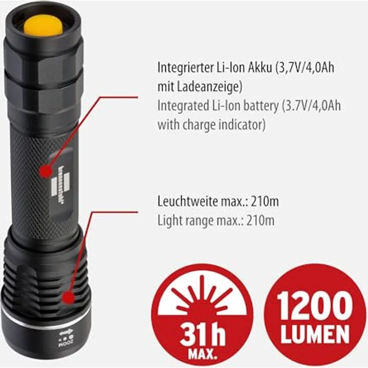 Brennenstuhl LuxPremium Akku-Fokus LED-Taschenlampe TL 1201 AF IP67, CREE-LED, 1200lm, 210m Leuchtweite, max. 31h Leuchtdauer – Bild 3