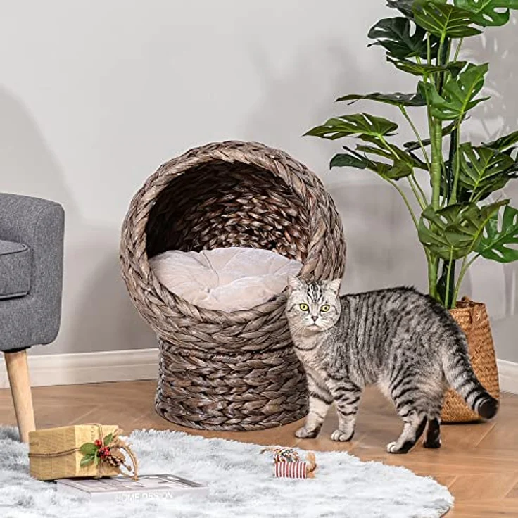 Pawhut Rattan Katzenkorb Katzenhöhle Katzenhütte Katzenbett mit Kissen Haustierbett Wasserhyazinthe Dunkelbraun 42 x 33 x 52 cm – Bild 2