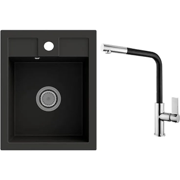 Lindbergh Spülen Rein Schwarz Antibakterielle Granit Spüle "MON44 + 1-Deco" + Siphon Küchenspüle Spülbecken + MADE IN GERMANY - Antibakteriell, kratzfest, hitzebeständig bis 280°C