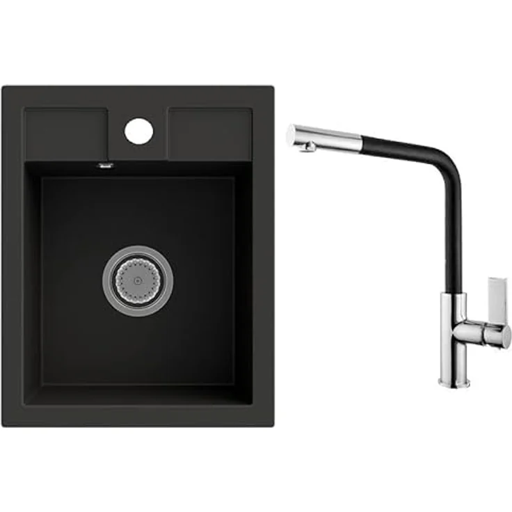 Lindbergh Spülen Rein Schwarz Antibakterielle Granit Spüle "MON44 + 1-Deco" + Siphon Küchenspüle Spülbecken + MADE IN GERMANY - Antibakteriell, kratzfest, hitzebeständig bis 280°C – Bild 1