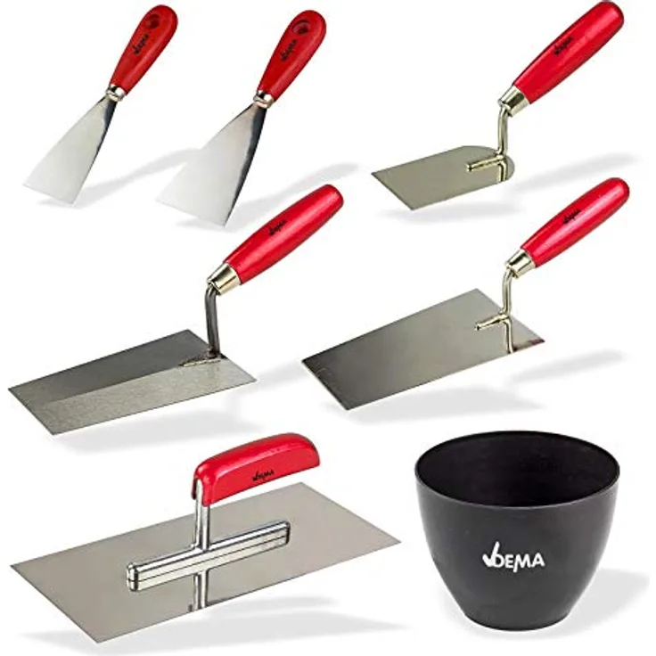 DEMA Maurer und Fliesenleger Set 7-teilig, inklusive Kelle, Spachtel und Gipsbecher aus hochwertigem Carbonstahl, ergonomische Holzgriffe, für Gips- und Putzarbeiten