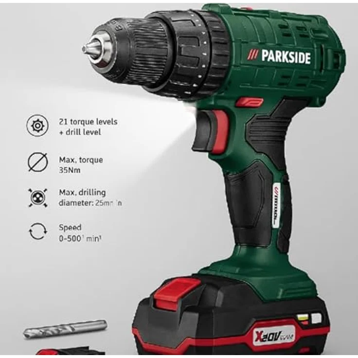 PARKSIDE® 20 V Akku-Bohrschrauber »PBSA 20-Li A1«, mit 2 Ah Akku und Ladegerät, leistungsstarker Motor, LED-Arbeitsleuchte, Aufbewahrungskoffer – Bild 2