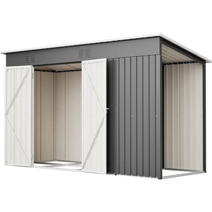 Thanaddo Metall Gerätehaus 311x123x181 cm, wetterfest mit Holzunterstand und Lüftungsgitter, grau – Bild 1