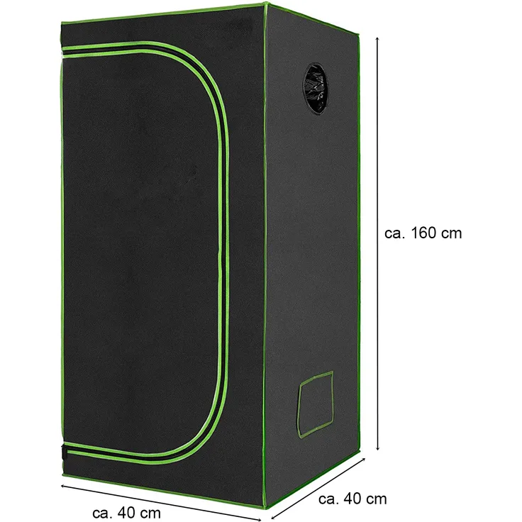 Helo Gewächshaus Indoor Grow Pflanzenzelt Zuchtzelt 40x40x160cm, Schwarz/Grün, 600D-Polyester, hochreflektierende Silikonfolie, lichtundurchlässig, mit Belüftung und Zugängen