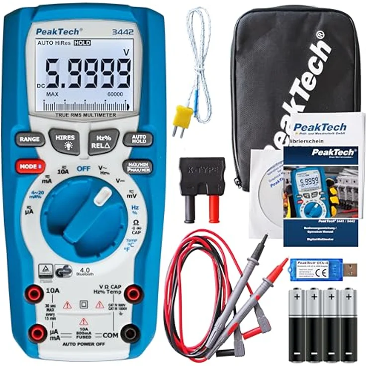 PeakTech P 3442 True RMS Digital Multimeter für Elektriker mit 60000 Counts und 4.0 Bluetooth, Profi-Handmultimeter, Auto-Hold, -GS, Spannungsmesser, Durchgangsprüfer, Messgerät - CAT III 1000V – Bild 2