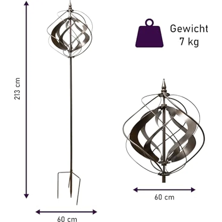 LEMODO Garten Windrad “Silver Tulip”, Windspiel mit stabilem Bodenstecker, Gartendeko in 4 Höhen aufbaubar, Gartenstecker 213 cm hoch, Windmühle Silber, Windskulptur mit Charme – Bild 4