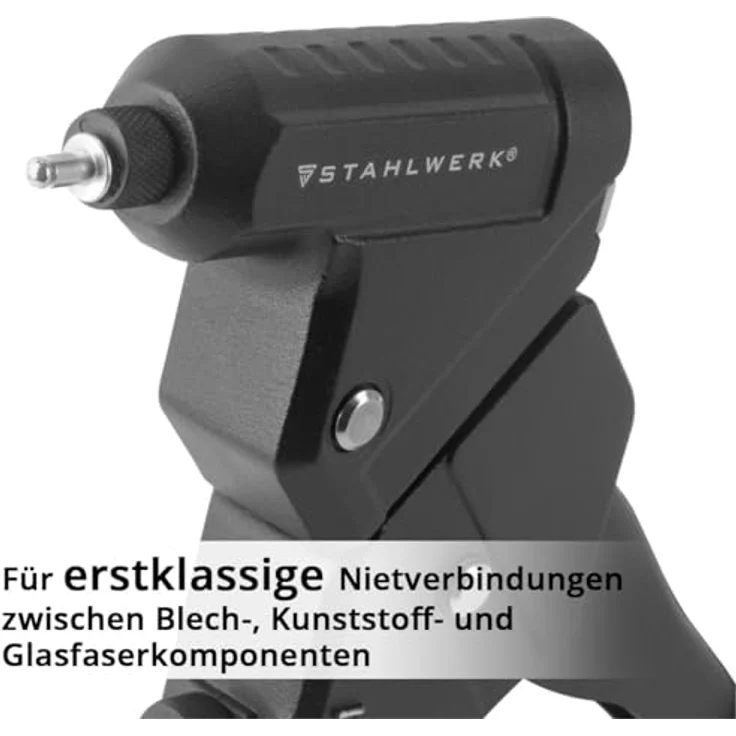 STAHLWERK Nietzangen-Set NZ-280 ST, 360° Blindnietzange mit 4 Wechsel-Aufsätzen und 500 Blindnieten, Hebelnietzange, Popnietzange, Nietmutternzange, Einhand-Nietzange – Bild 4