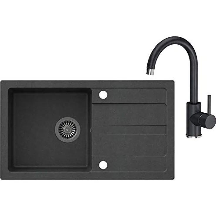 VBChome Spülbecken mit Armatur 77 x 44 cm Granit Einzelbecken Einbauspüle Abtroffläche gesprenkelt reversibel Verbundspüle Küchenarmatur + Siphon + Spülmittelspender, grau
