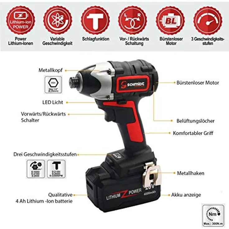 SCHMIDT security tools Akku-Schlagschrauber ID-180 LED - 300Nm 3-Gang 1/4' HEX, Bürstenloser Motor, Inkl. 20V 4Ah Akku & Ladegerät, Kompakt mit LED-Arbeitslicht - Profi-Schrauber für anspruchsvolle Aufgaben – Bild 3