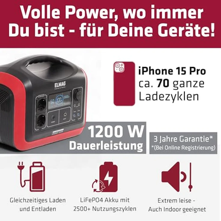 ELMAG Tragbare Powerstation ENERGY 1200, 1200W LiFEPO4 Akku mit 992Wh, 3 Ladeoptionen, Digitaldisplay, integrierter Solarladeregler – Bild 2