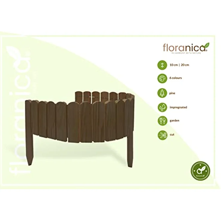 Floranica Rollborder Gartenzaun 103 x 10cm Braun Rasenkante Holz Gartendeko Beeteinfassung Deko Mini Zaun Garten Natürliches imprägniertes Kiefernholz – Bild 2