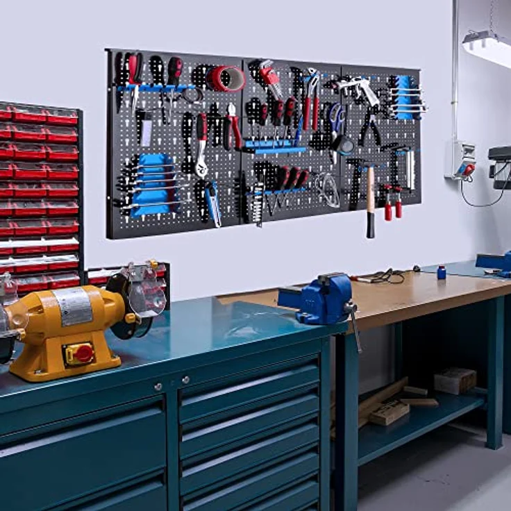 Arebos Werkzeugwand 3-teilige Lochwand Werkstatt, 17-teiliges Hakenset & Halterungen, modulare Montage, 117,6 x 59,5 x 2 cm, Metall, Blau – Bild 2