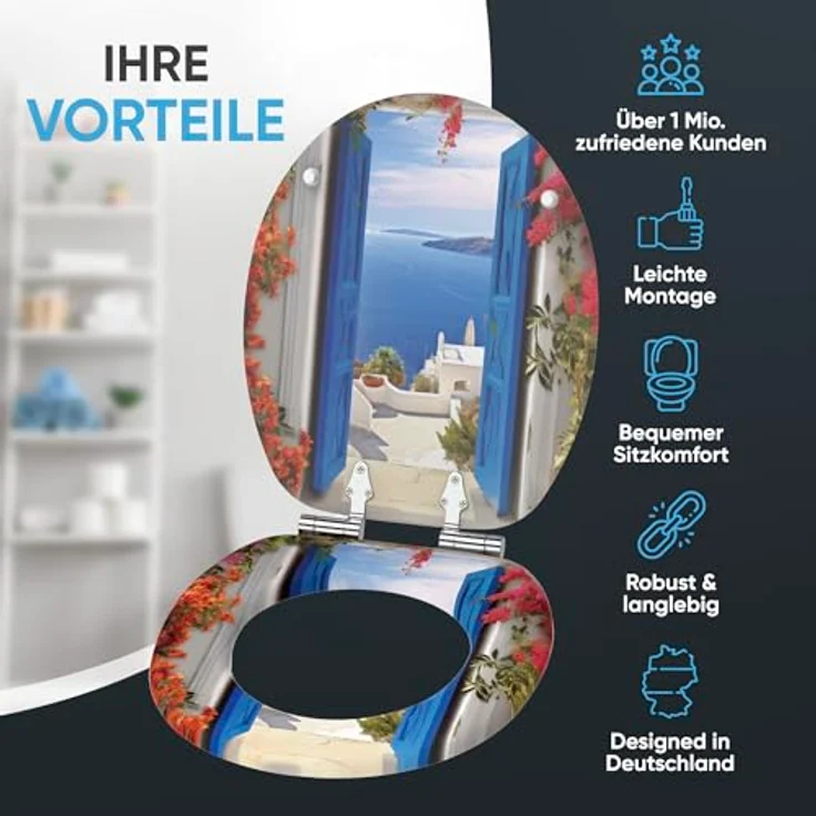 SANILO WC Sitz mit Absenkautomatik Greece, stabiler Toilettendeckel aus Holz, antibakterielle Oberfläche, passend für alle WC-Becken – Bild 3