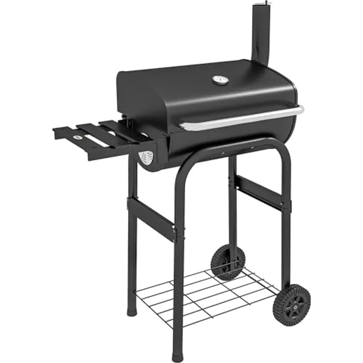 Outsunny Holzkohlegrill Grillwagen mit Deckel, Ablagen Campinggrill mit Rädern, Deckel, Thermometer, Schornstein für Camping Garten Edelstahl Schwarz