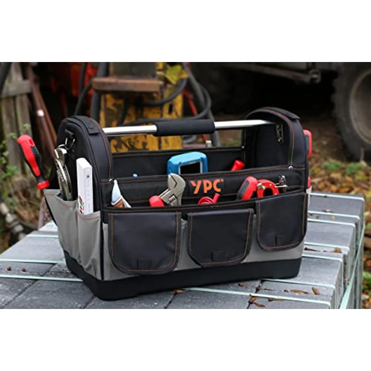 YPC Pioneer Werkzeugkorb XXL – Profi tragbare Werkzeugtasche, Wasserfest, Reißfest, Schultergurt mit Polster & Metall-Handgriff, Grau-Schwarz, 45x35x23cm, 20 kg Tragkraft – Bild 2