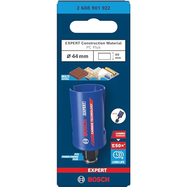 Bosch EXPERT Construction Material PC Plus Lochsäge, Ø 44 mm für Weichholz und Grobspanplatte, überragende Lebensdauer mit Carbide Technology, geeignet für bis zu 60 mm Tiefe – Bild 2