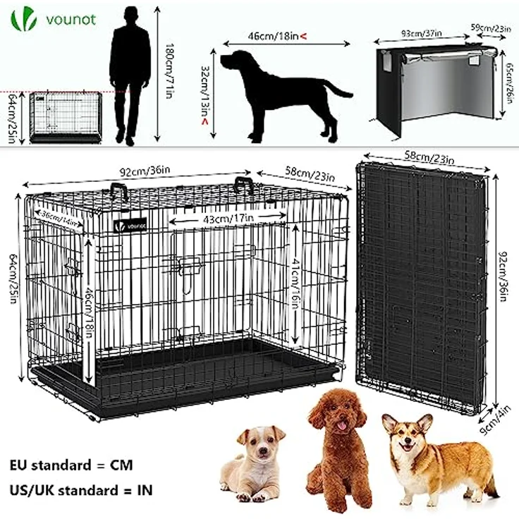 VOUNOT Hundekäfig Klappbar mit Abdeckung, Hundebox Auto Hundetransportkäfig mit Doppeltüren, 2 Transportgriffen & Bodenschale, L 92 x 58 x 64cm, Schwarz – Bild 4