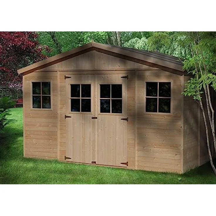 TIMBELA Holz Gartenschuppen - Abstellkammer mit Fenstern - H246 x 418 x 320 cm/ 12 m² Naturholz-Shiplap-Schuppen - Gartenwerkstatt - Fahrrad- Geräteschuppen M331 – Bild 2