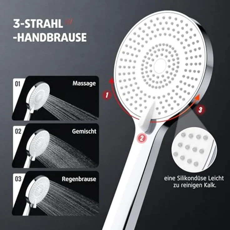 Rainsworth Duschsystem Ohne Thermostat, 3 Strahlart(en), Duschgarnitur mit Umsteller, 3 Strahlarten Handbrause, Chrom – Bild 3