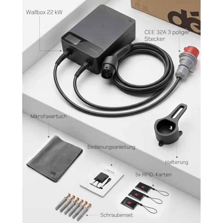 dé 22kW Wallbox mit 7.5 m Kabel, App & RFID Version, dreiphasiges Laden, LCD-Statusanzeige, IP54 – Bild 7