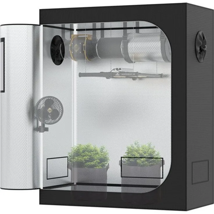 THE HOOKAH Gewächshaus Deluxe D600 Grow Box Growzelt in 120x60x150 cm, weißer Rahmenstangen, doppelt vernähte lichtdichte Reißverschlüsse