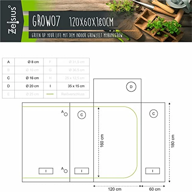 Zelsius Gewächshaus Grow Tent 120 x 60 x 180 cm grau/schwarz Pflanzenzucht Indoor, 99,9% lichtundurchlässig, 95% Lichtreflektion – Bild 2