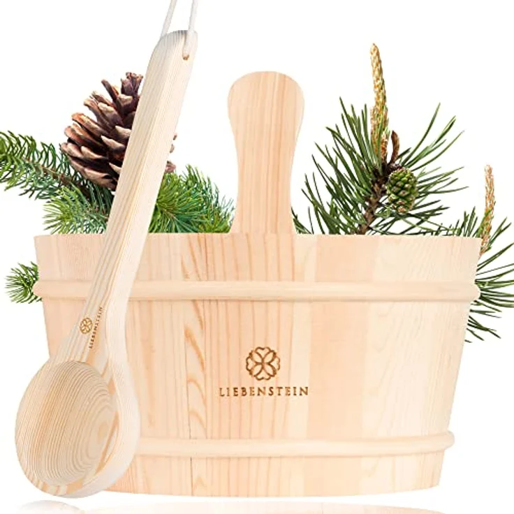 Liebenstein® Sauna Eimer mit Kelle [4L], handgefertigt aus finnischem Kiefernholz, wasserdicht mit PVC-Einsatz, hochwertiges Sauna Zubehör Set – Bild 1