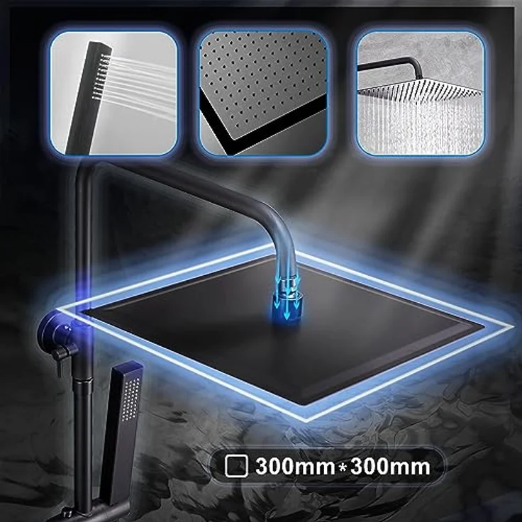 JOHO XXL Regendusche Edelstahl Duschset, 30x30cm Kopfbrause, wassersparend, schwarz matt, höhenverstellbare Duschstange – Bild 3