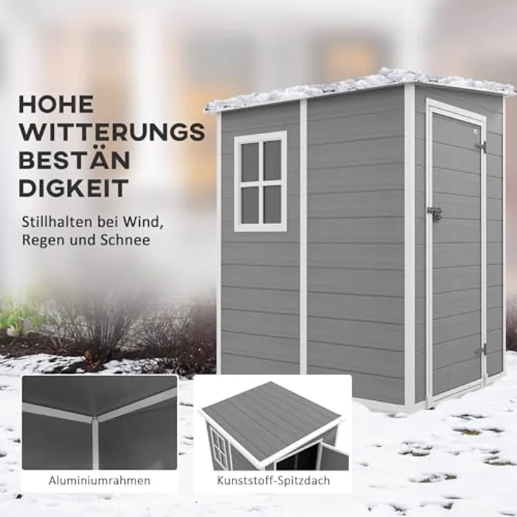 Outsunny Gerätehaus 1,54m³, Gartenhaus mit Pultdach, Aluminium Gartenschrank, Abschließbar Tür, Fenster, Grau – Bild 3