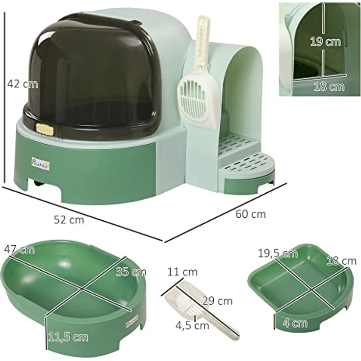 PawHut Katzentoilette, Katzenhaus, Katzenklo inklusive Schaufel, 2 Herausziehbarer Bodenwannen, Haube, Grün, 52 x 60 x 42 cm – Bild 3