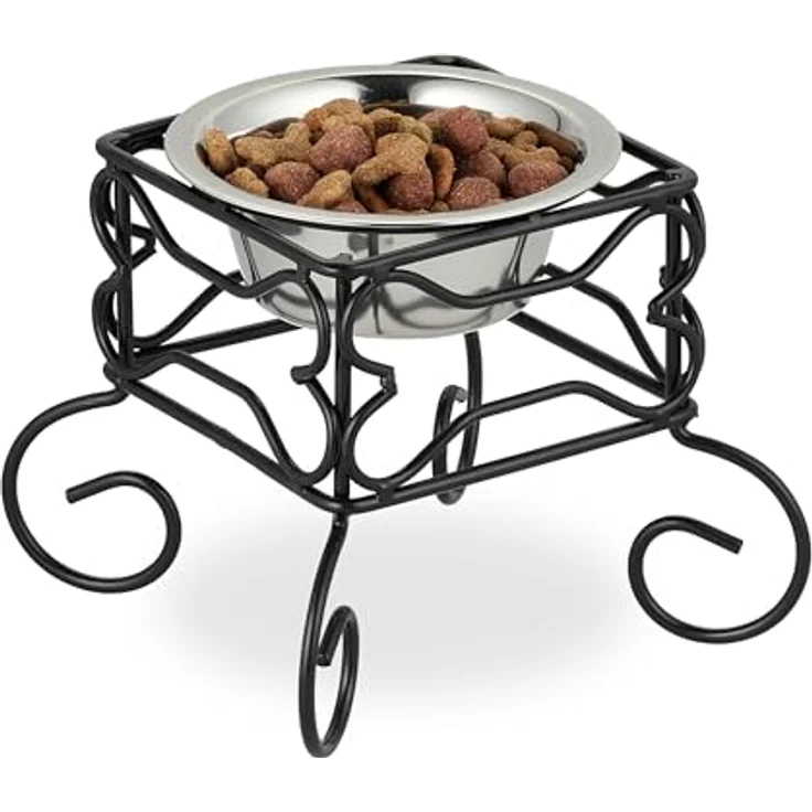 Relaxdays Hundenapf, erhöhter Napfständer, 300 ml Volumen, Eisen & Edelstahl, HxBxT: 15,5 x 18 x 18 cm, schwarz/Silber – Bild 1