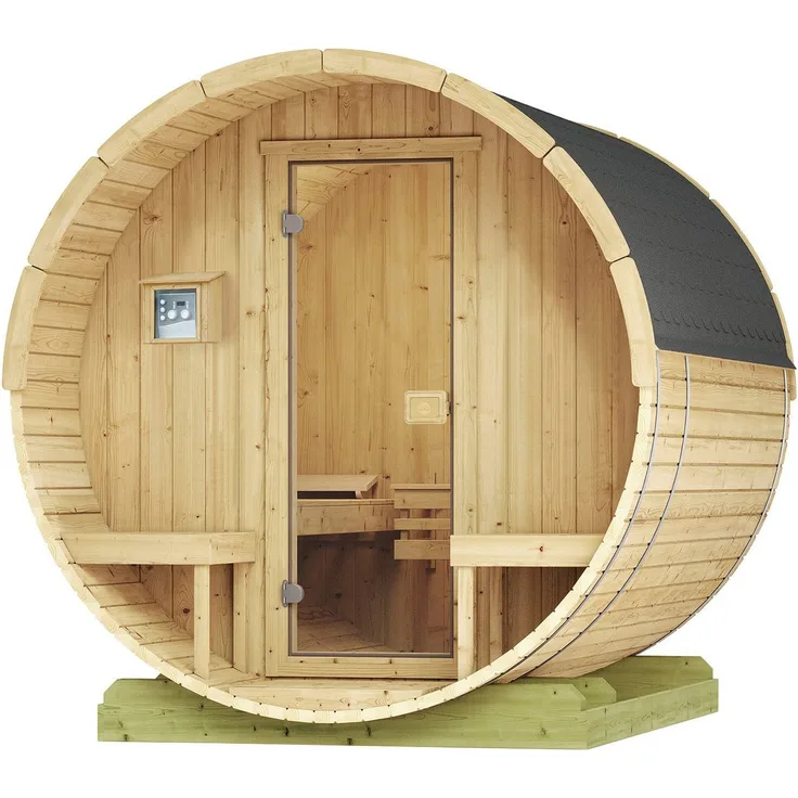 Weka Fasssauna 198, Gartensauna mit runder Form und 2 Liegen, inkl. Saunaofen und Silikonkabel