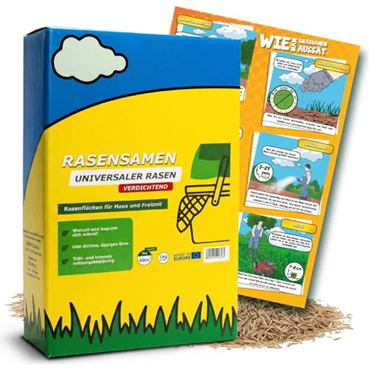 ARPON Rasensamen Turbo schnellkeimend, 1 kg für 40 m², universelle Mischung für Neuansaat und Nachsaat, strapazierfähig und pflegeleicht, intensiver Grünton