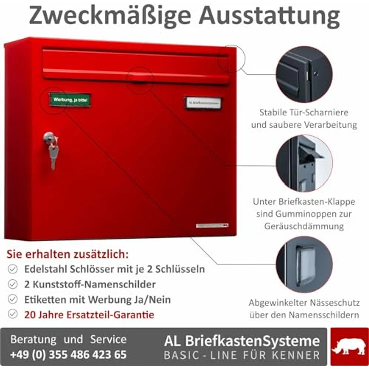 AL Briefkastensysteme Briefkasten rot RAL 3000 Basic 1er Briefkasten mit Namensschild und Schloss 1 Fach DIN A4 wetterfest - Postkasten Mailbox – Bild 3
