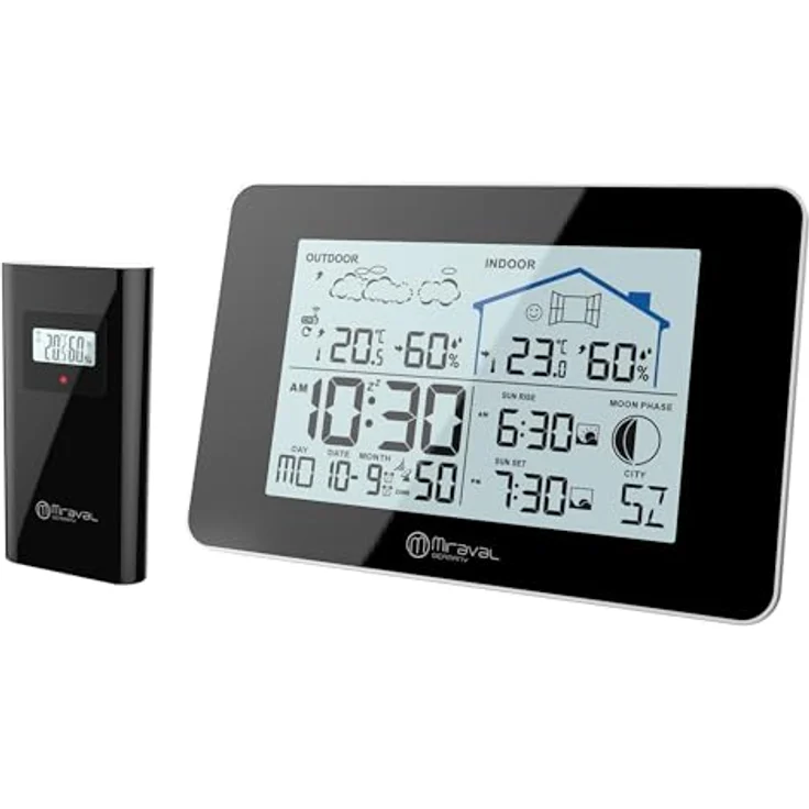 Miraval Funkwetterstation mit Außensensor, modernes Design, Datumsanzeige, Mondphase, Sonnenaufgang, Luftfeuchtigkeit, 2 Alarme mit Licht, großer Display (Schwarz) – Bild 1