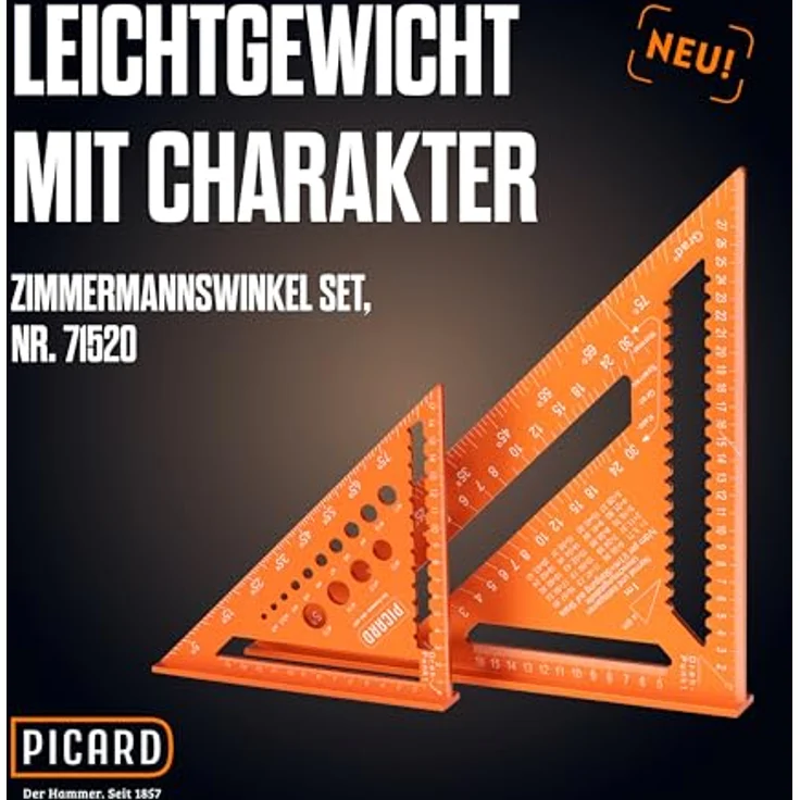 PICARD Zimmermannswinkel Set 180 mm mit Bohrlehre & 300 mm mit Sparrenlehre, Präzise Anschlagwinkel für Holzbau und Dachkonstruktion – Bild 2
