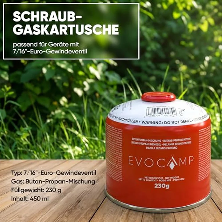 EVOCAMP 1X Gaskartusche 230g mit Schraubventil, EN417 Schraubkartusche für Campingkocher und Gaslampen, Butan-Propan-Gemisch, Sicherheitsventil, Ø 10,6 cm – Bild 2